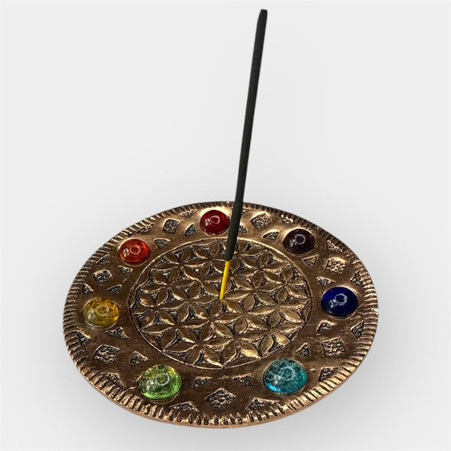 Porte-Encens 7 Chakras avec Pierres Fantaisie - Fleur de Vie Cuivrée (11 cm)