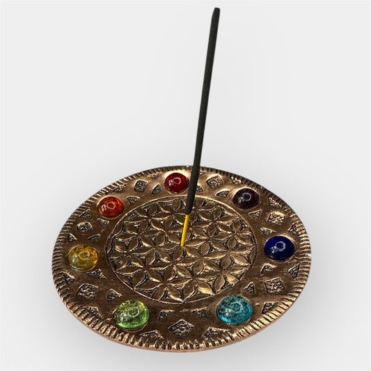 Porte-Encens 7 Chakras avec Pierres Fantaisie - Fleur de Vie Cuivrée (11 cm)