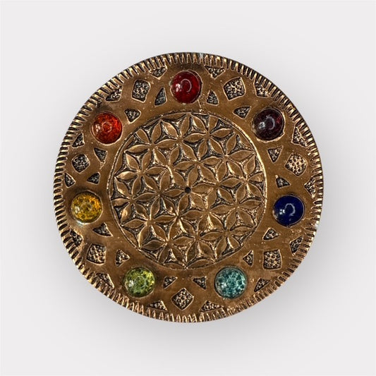 Porte-Encens 7 Chakras avec Pierres Fantaisie - Fleur de Vie Cuivrée (11 cm)